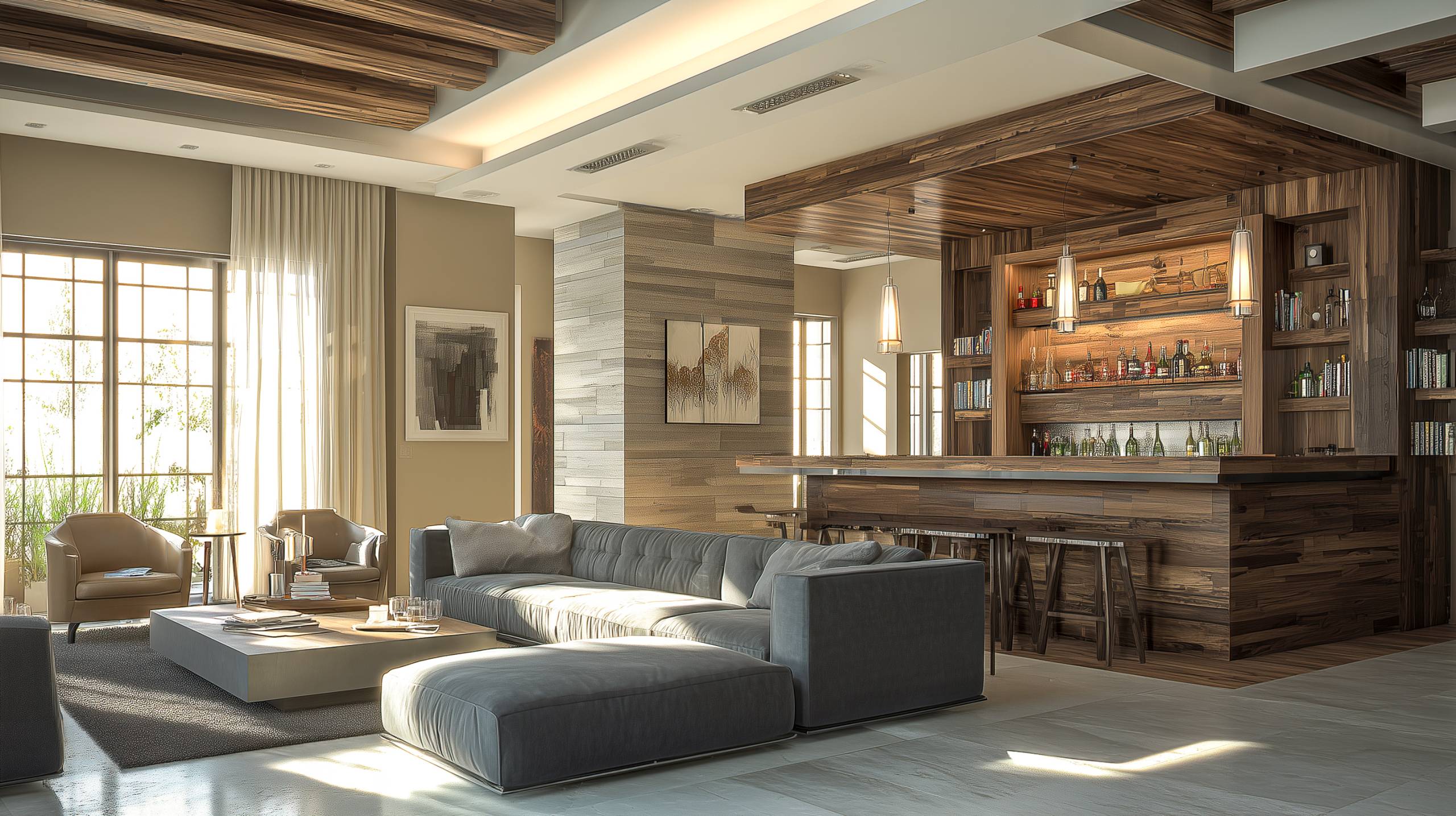 Modern Living Room with Integrated Bar & Wooden Feature Wall